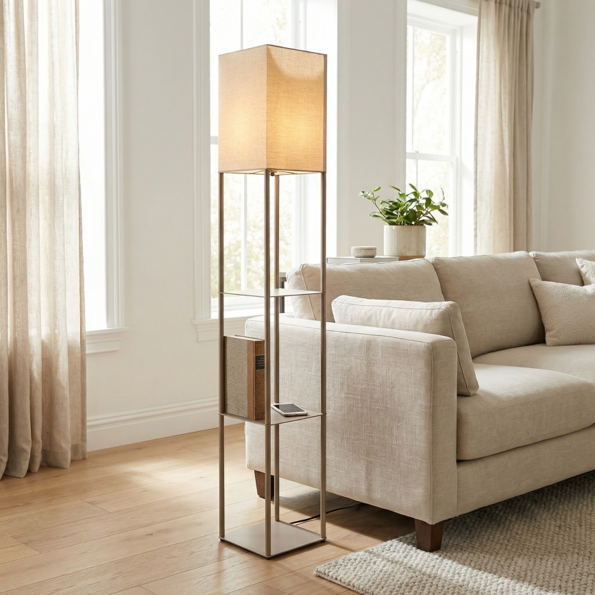 Brilagi - Pastatoma lempa su lentynomis GRADUS 1xE27/40W/230V 150 cm pilka/kreminė