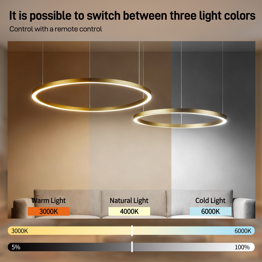 Brilagi - reguliuojama LED liustra ant troselio PORTOFINO LED/98W/230V 3000-6000K auksinė + su nuotoliniu pultu