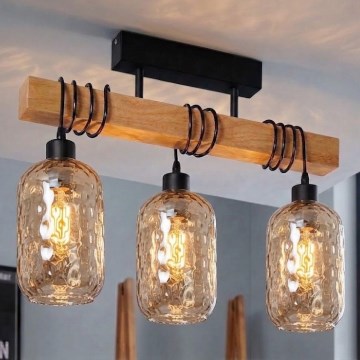 BRILAGI - Prie lubų montuojama liustra WOOD GLASS 3xE27/60W/230V iš pušies/juoda/dūminė ruda
