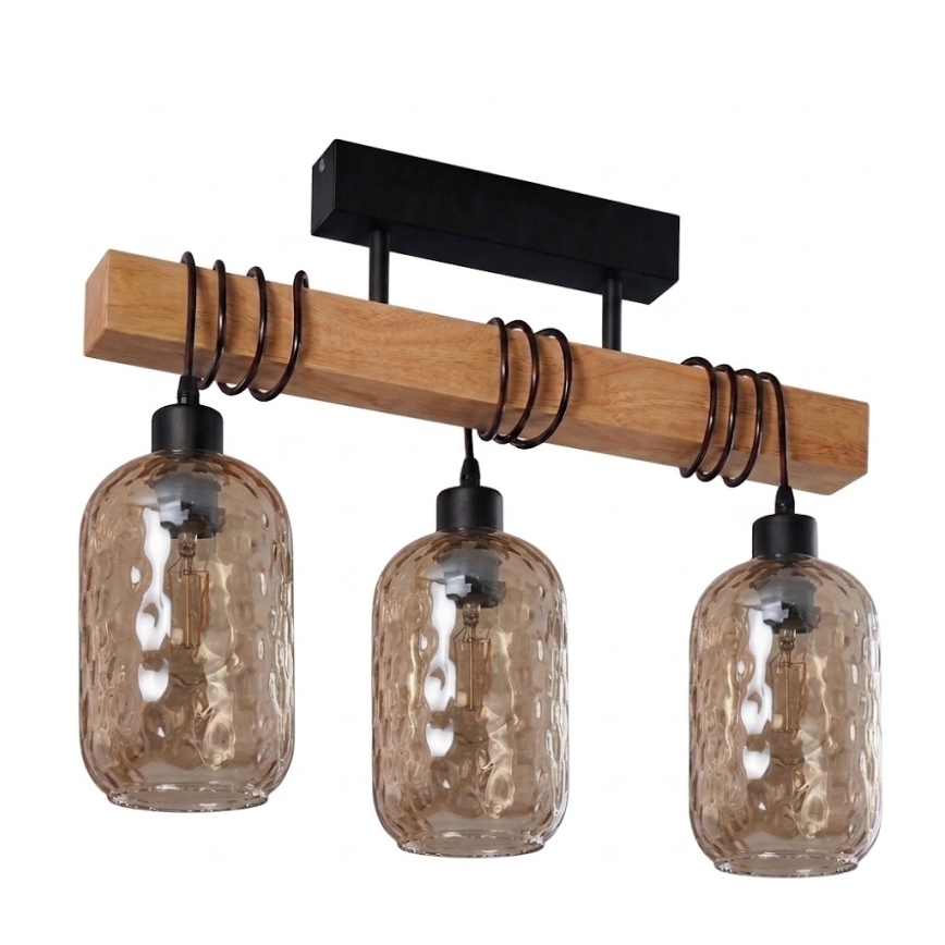 BRILAGI - Prie lubų montuojama liustra WOOD GLASS 3xE27/60W/230V iš pušies/juoda/dūminė ruda