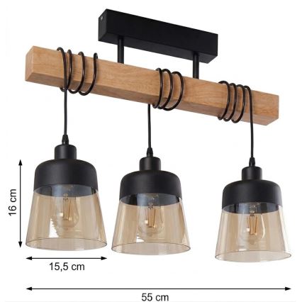 BRILAGI - Prie lubų montuojamas šviestuvas WOOD GLASS 3xE27/60W/230V pušis/juoda/dūminė ruda