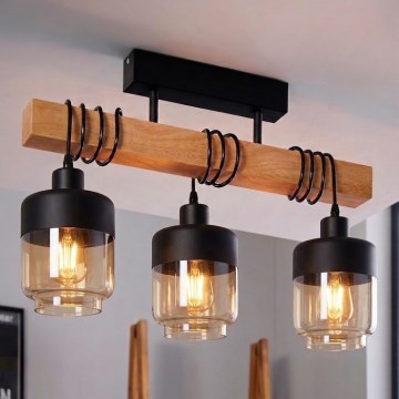 BRILAGI - Prie lubų montuojama liustra WOOD GLASS 3xE27/60W/230V pušis/juoda/rūkinė ruda