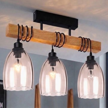 BRILAGI - Prie lubų montuojamas liustras WOOD GLASS 3xE27/60W/230V pušis/juoda/rūkinė smėlinė