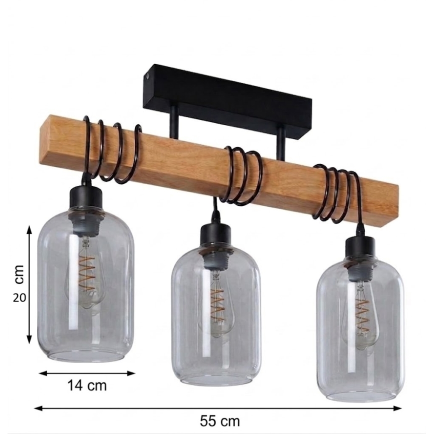 BRILAGI - Prie lubų montuojamas šviestuvas WOOD GLASS 3xE27/60W/230V pušis/juoda/dūminė pilka