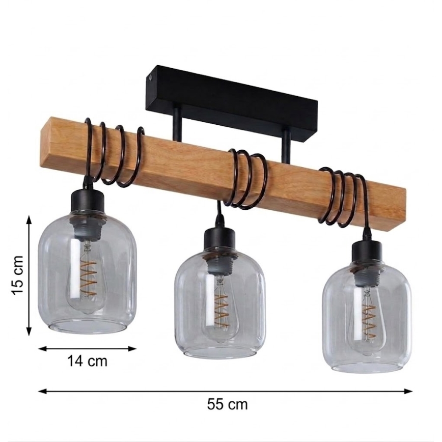 BRILAGI - Prie lubų montuojama liustra WOOD GLASS 3xE27/60W/230V pušis/juoda/dūminė pilka