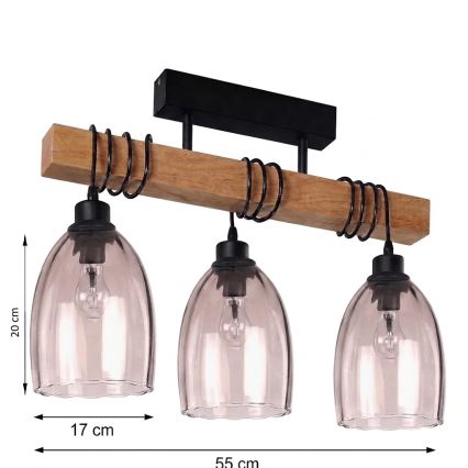 BRILAGI - Prie lubų montuojamas liustras WOOD GLASS 3xE27/60W/230V pušis/juoda/rūkinė smėlinė