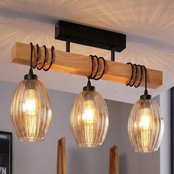 BRILAGI - Prigludęs šviestuvas WOOD GLASS 3xE27/60W/230V pušis/juoda/dūminė smėlinė