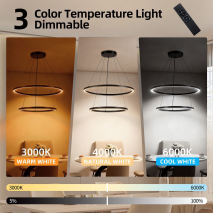 Brilagi - dimeriuojama LED liustra ant laido PORTOFINO LED/98W/230V 3000–6000 K Ø 80 cm juoda + su nuotoliniu pultu