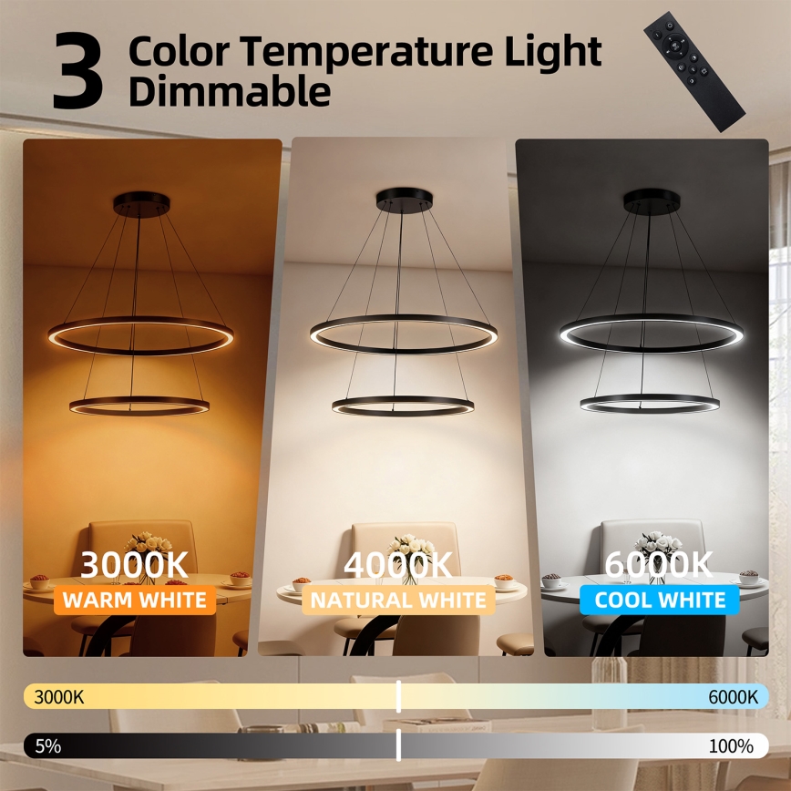 Brilagi - dimeriuojama LED liustra ant laido PORTOFINO LED/98W/230V 3000–6000 K Ø 80 cm juoda + su nuotoliniu pultu