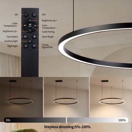 Brilagi - Dimeriuojamas LED pakabinamas šviestuvas ant troselio PORTOFINO LED/60W/230V 3000-6000K skersmuo 80 cm juodas + nuotolinis valdymas