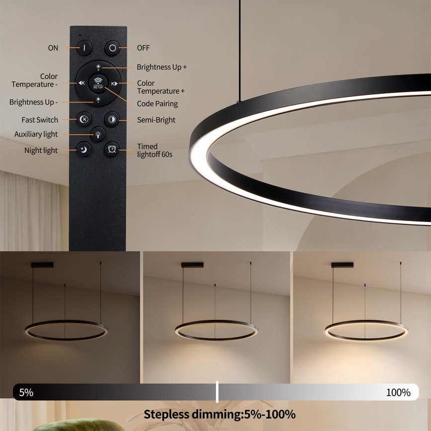 Brilagi - Dimeriuojamas LED pakabinamas šviestuvas ant troselio PORTOFINO LED/60W/230V 3000-6000K skersmuo 80 cm juodas + nuotolinis valdymas