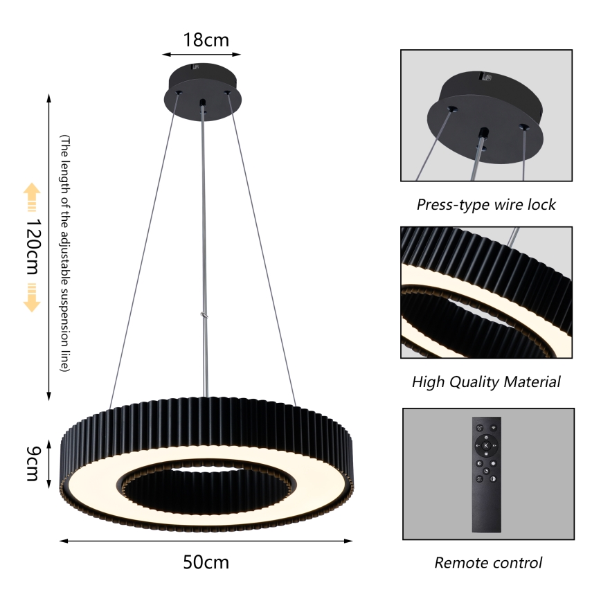 Brilagi - dimeriuojama LED liustra ant laido LUMIX LED/48W/230V 3000-6000K juoda Ø 50 cm + su nuotoliniu pultu