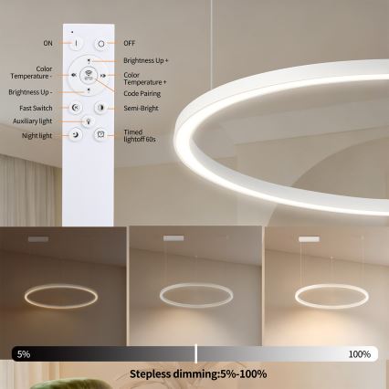 Brilagi - LED dimeriuojamas pakabinamas šviestuvas ant laido PORTOFINO LED/60W/230V 3000-6000K skers. 80 cm balta + nuotolinis valdymas
