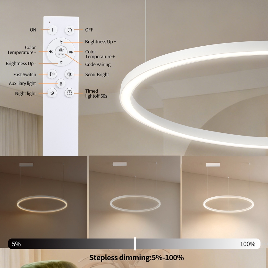 Brilagi - LED dimeriuojamas pakabinamas šviestuvas ant laido PORTOFINO LED/60W/230V 3000-6000K skers. 80 cm balta + nuotolinis valdymas