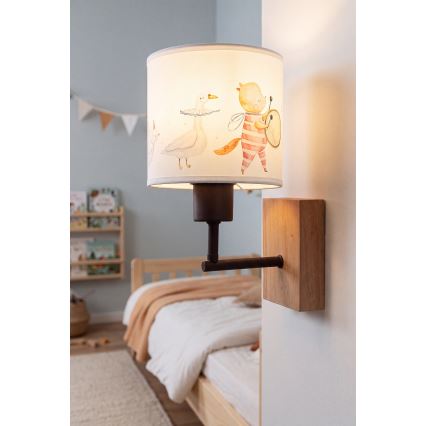 BRILAGI - Vaikiškas sieninis šviestuvas BOBO WOOD 1xE27/25W/230V ąžuolas/juoda/balta/gyvūnėliai