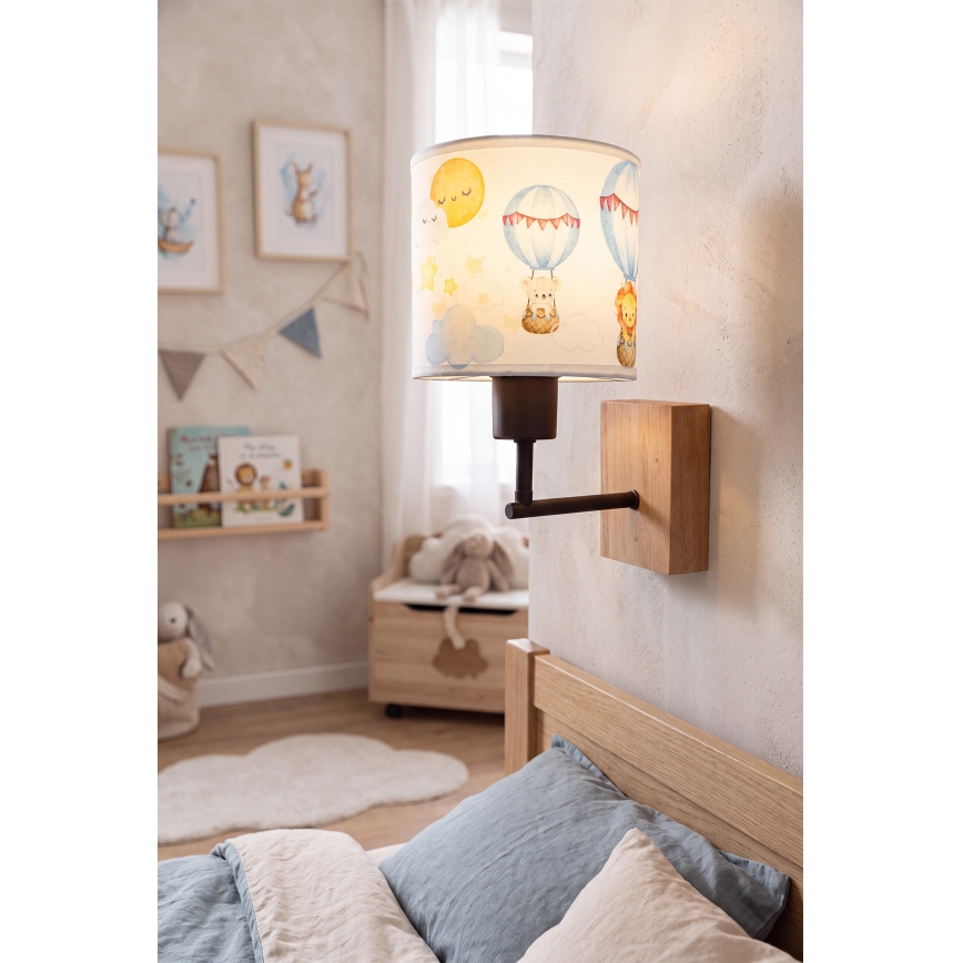 BRILAGI - Vaikiškas sieninis šviestuvas BOBO WOOD 1xE27/25W/230V ąžuolas/juoda/balta/gyvūnėliai