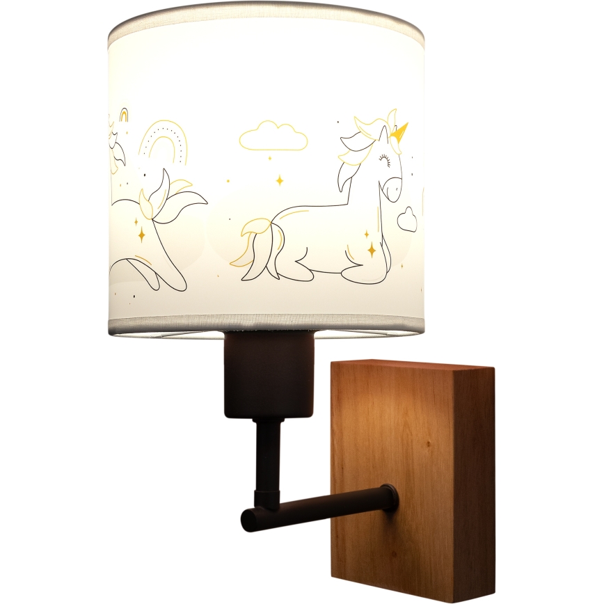 BRILAGI - Vaikiškas sieninis šviestuvas BOBO WOOD 1xE27/25W/230V ąžuolas/juoda/balta/vienaragiai