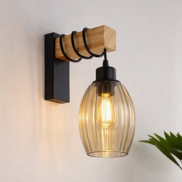 BRILAGI - Sieninis šviestuvas WOOD GLASS 1xE27/60W/230V pušinis/juodas/dūminė smėlio spalva