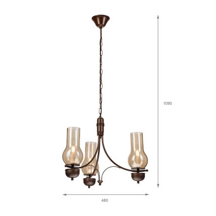 Brilagi - Sietynas, kabinamas ant grandinės COTTAGE 3xE14/40W/230V ąžuolas/ruda