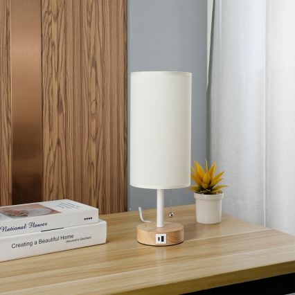 Brilagi - stalinė lempa su USB jungtimi TABLON 1xE27/25W/230V ąžuolinė/balta/kreminė