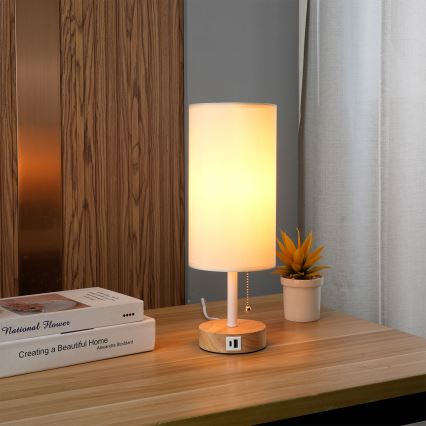 Brilagi - stalinė lempa su USB jungtimi TABLON 1xE27/25W/230V ąžuolinė/balta/kreminė