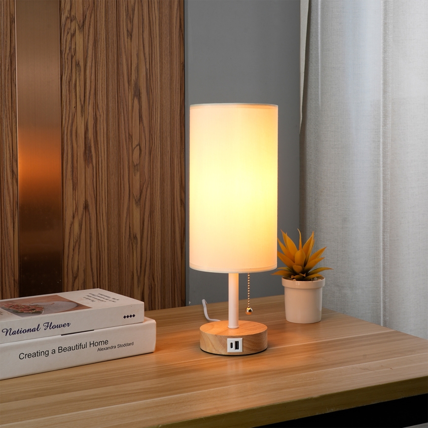 Brilagi - stalinė lempa su USB jungtimi TABLON 1xE27/25W/230V ąžuolinė/balta/kreminė
