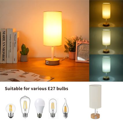 Brilagi - stalinė lempa su USB jungtimi TABLON 1xE27/25W/230V ąžuolinė/balta/kreminė