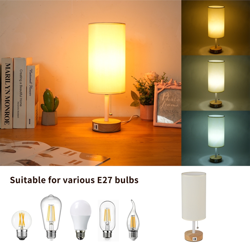 Brilagi - stalinė lempa su USB jungtimi TABLON 1xE27/25W/230V ąžuolinė/balta/kreminė