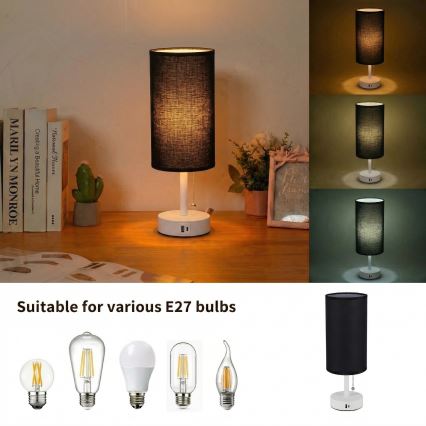 Brilagi - Stalinė lempa su USB jungtimi TABLON 1xE27/25W/230V balta/juoda