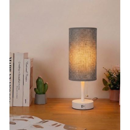 Brilagi - stalinė lempa su USB jungtimi TABLON 1xE27/25W/230V balta/pilka
