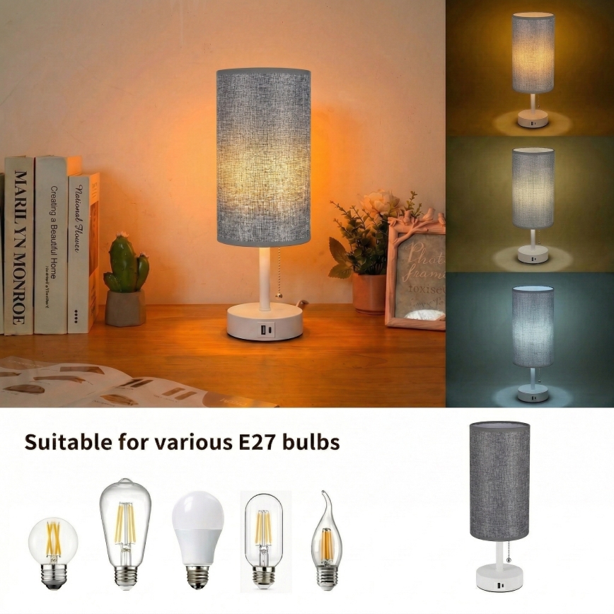 Brilagi - stalinė lempa su USB jungtimi TABLON 1xE27/25W/230V balta/pilka