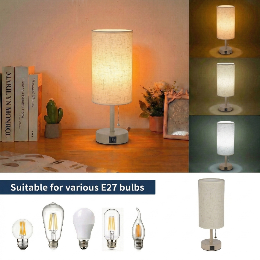 Brilagi - Stalinė lempa su USB jungtimi TABLON 1xE27/25W/230V smėlinė/kreminė