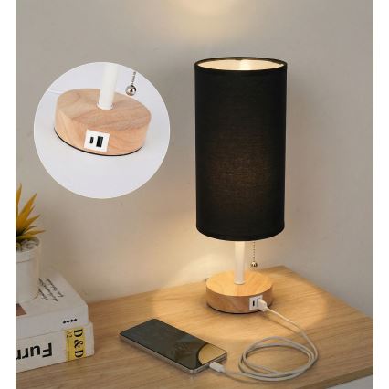 Brilagi - Stalinė lempa su USB lizdu TABLON 1xE27/25W/230V ąžuolas/balta/juoda