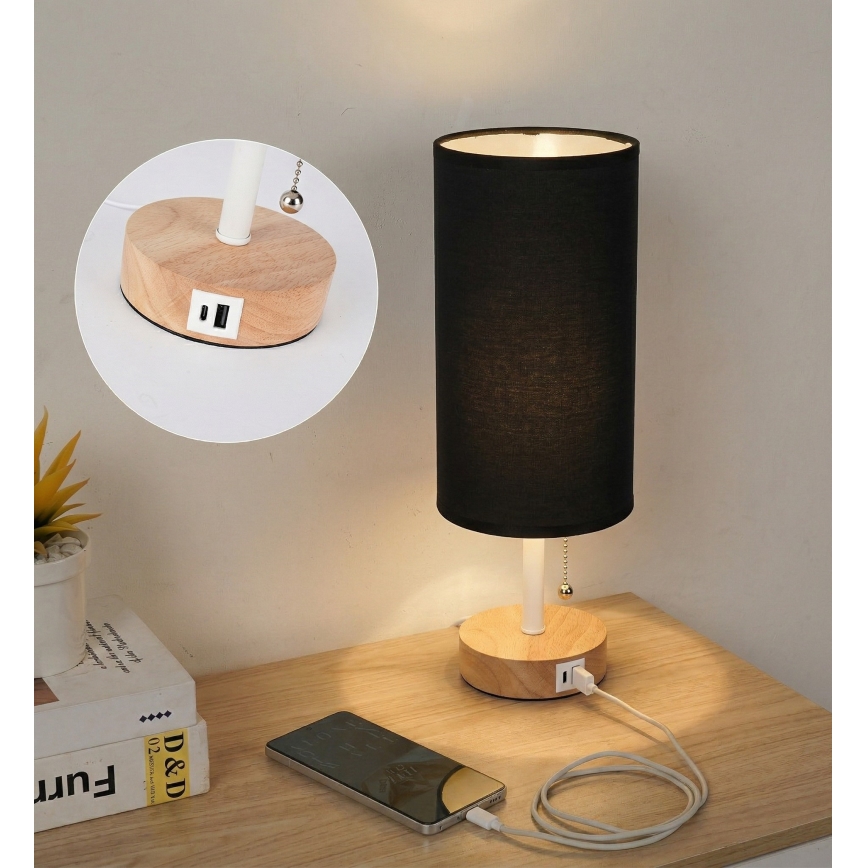 Brilagi - Stalinė lempa su USB lizdu TABLON 1xE27/25W/230V ąžuolas/balta/juoda