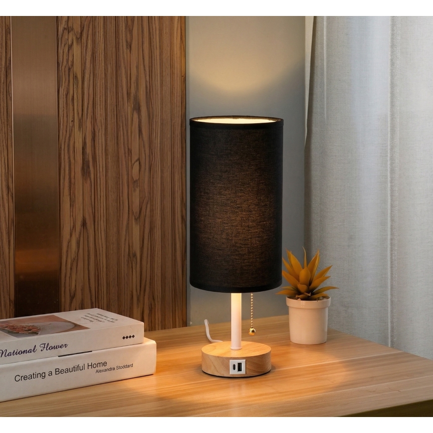 Brilagi - Stalinė lempa su USB lizdu TABLON 1xE27/25W/230V ąžuolas/balta/juoda