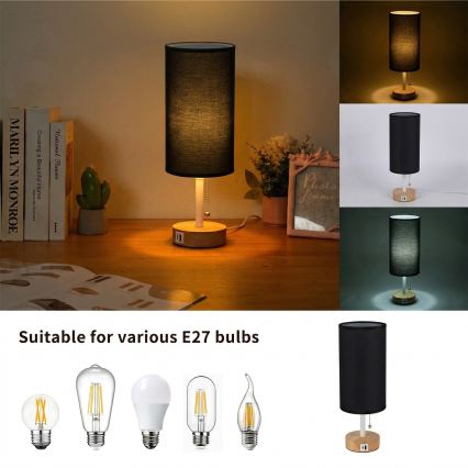 Brilagi - Stalinė lempa su USB lizdu TABLON 1xE27/25W/230V ąžuolas/balta/juoda
