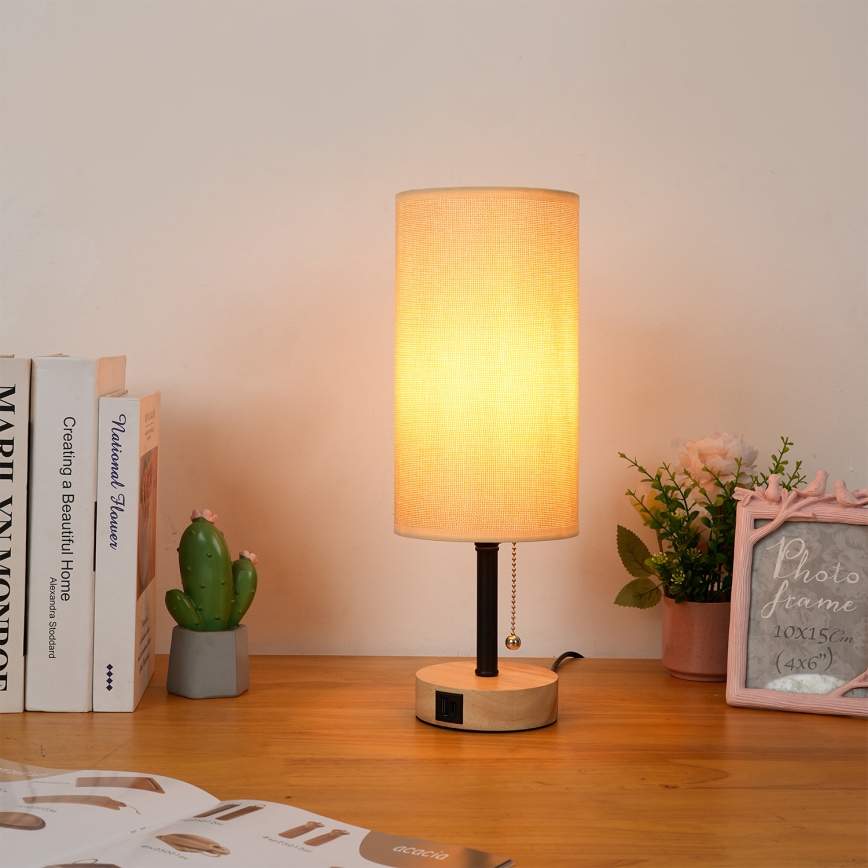 Brilagi - Stalinė lempa su USB prievadu TABLON 1xE27/25W/230V ąžuolas/juoda/smėlinė