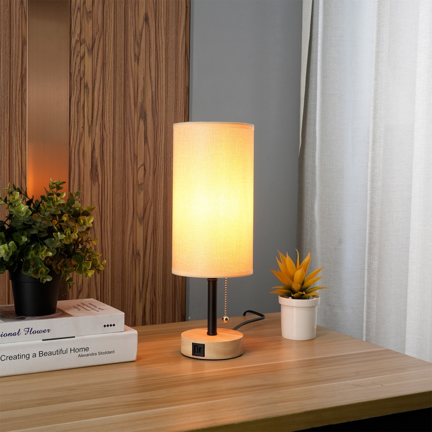 Brilagi - Stalinė lempa su USB prievadu TABLON 1xE27/25W/230V ąžuolas/juoda/smėlinė