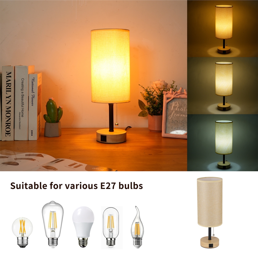 Brilagi - Stalinė lempa su USB prievadu TABLON 1xE27/25W/230V ąžuolas/juoda/smėlinė