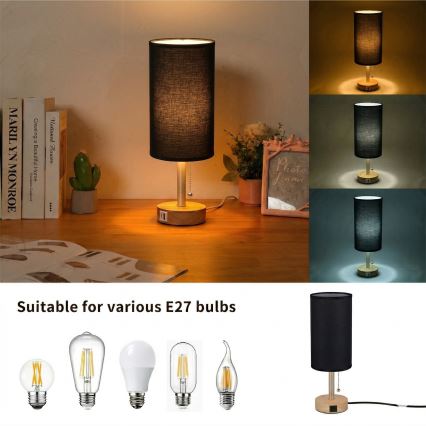 Brilagi - stalinė lempa su USB prievadu TABLON 1xE27/25W/230V ąžuolas/smėlinė/juoda