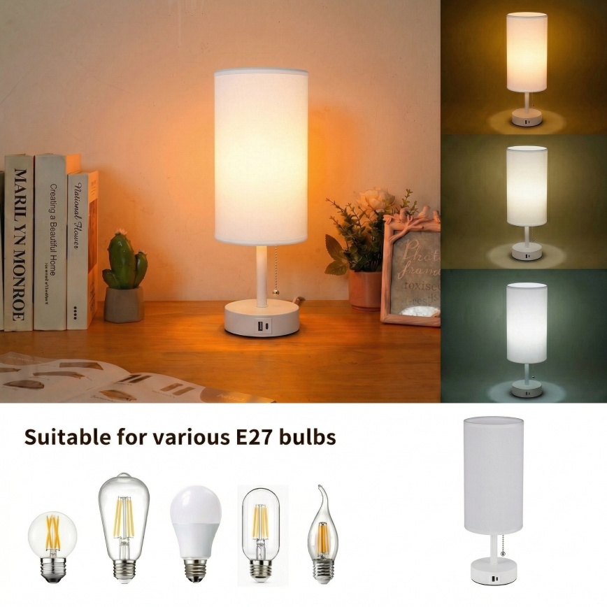 Brilagi - stalinė lempa su USB prievadu TABLON 1xE27/25W/230V balta