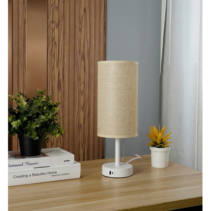 Brilagi - Stalinė lempa su USB prievadu TABLON 1xE27/25W/230V balta/smėlinė