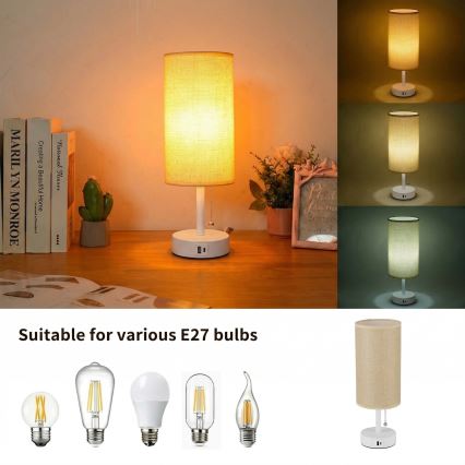 Brilagi - Stalinė lempa su USB prievadu TABLON 1xE27/25W/230V balta/smėlinė