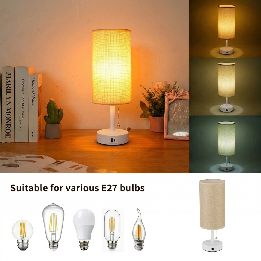 Brilagi - Stalinė lempa su USB prievadu TABLON 1xE27/25W/230V balta/smėlinė