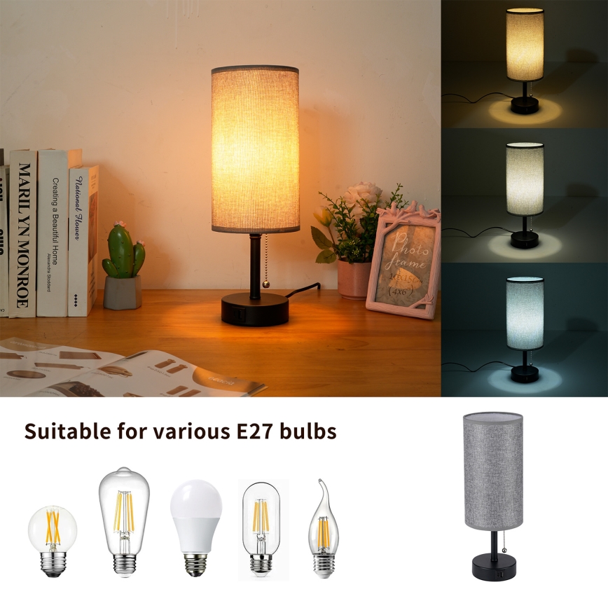 Brilagi - Stalinė lempa su USB prievadu TABLON 1xE27/25W/230V juoda/pilka