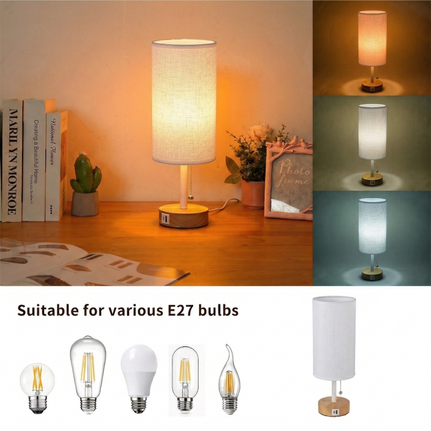 Brilagi - Stalinis šviestuvas su USB jungtimi TABLON 1xE27/25W/230V ąžuolas/balta