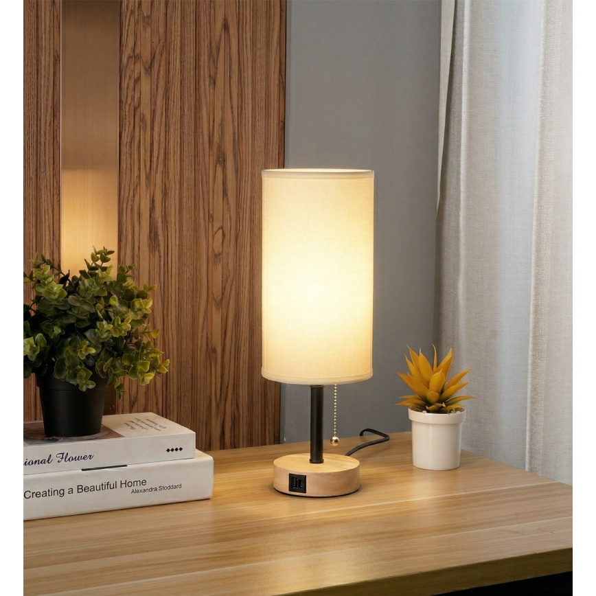 Brilagi - Stalinis šviestuvas su USB jungtimi TABLON 1xE27/25W/230V ąžuolas/juoda/balta