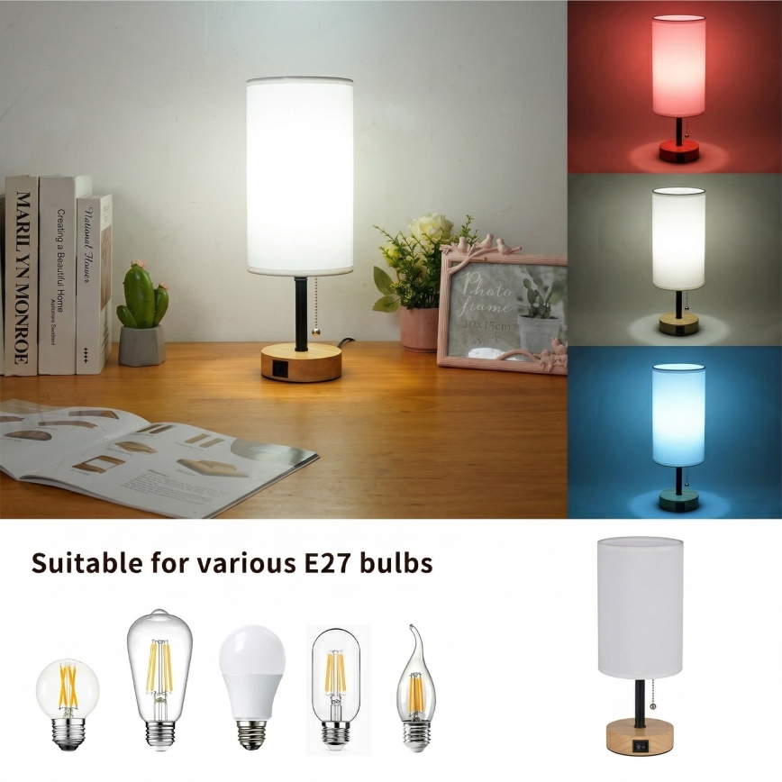 Brilagi - Stalinis šviestuvas su USB jungtimi TABLON 1xE27/25W/230V ąžuolas/juoda/balta