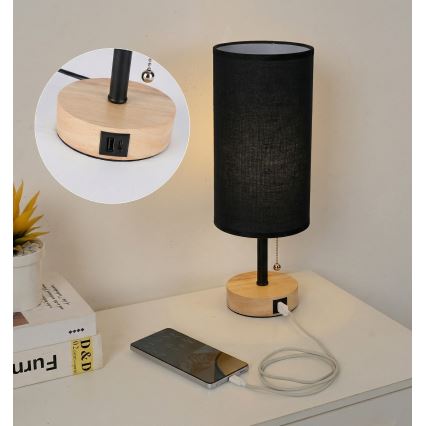 Brilagi - Stalinis šviestuvas su USB jungtimi TABLON 1xE27/25W/230V ąžuolas/juodas