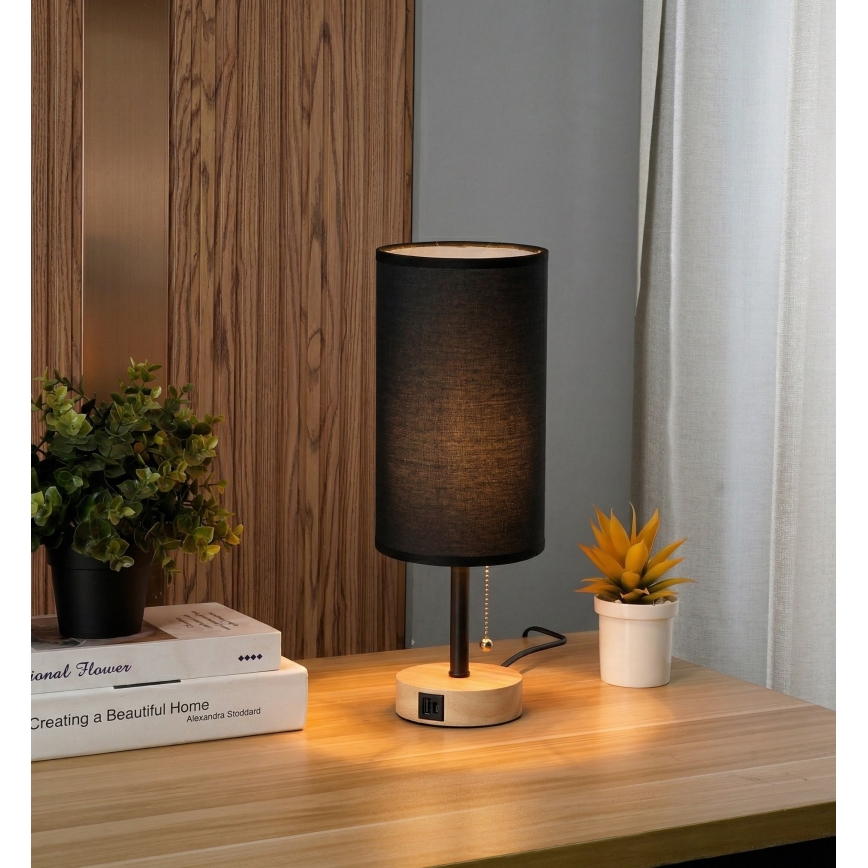 Brilagi - Stalinis šviestuvas su USB jungtimi TABLON 1xE27/25W/230V ąžuolas/juodas